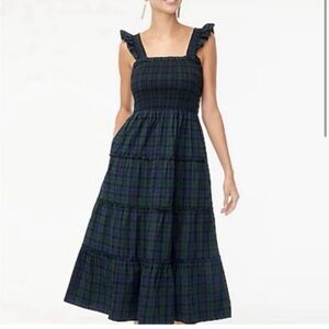J. Crew Factory Black Watch Tartan Poplin SmockedSleeveless Midi Dress Womens M